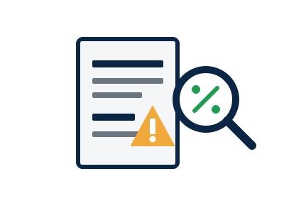 Document with warning triangle and magnifying glass